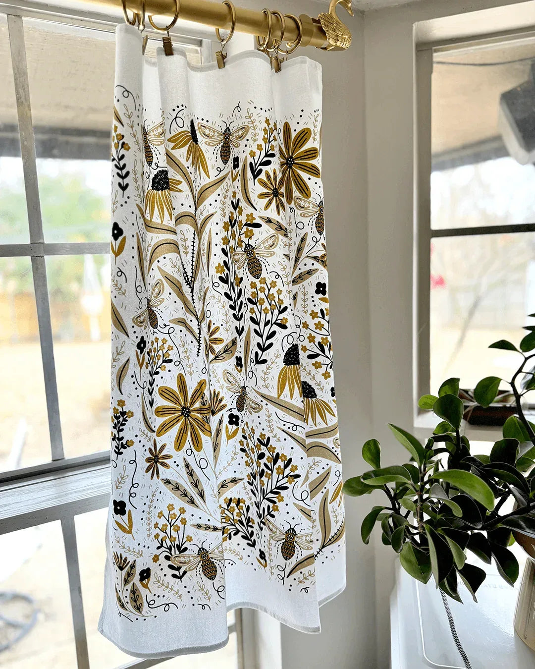 set of two tea towels with bee and floral illustrations