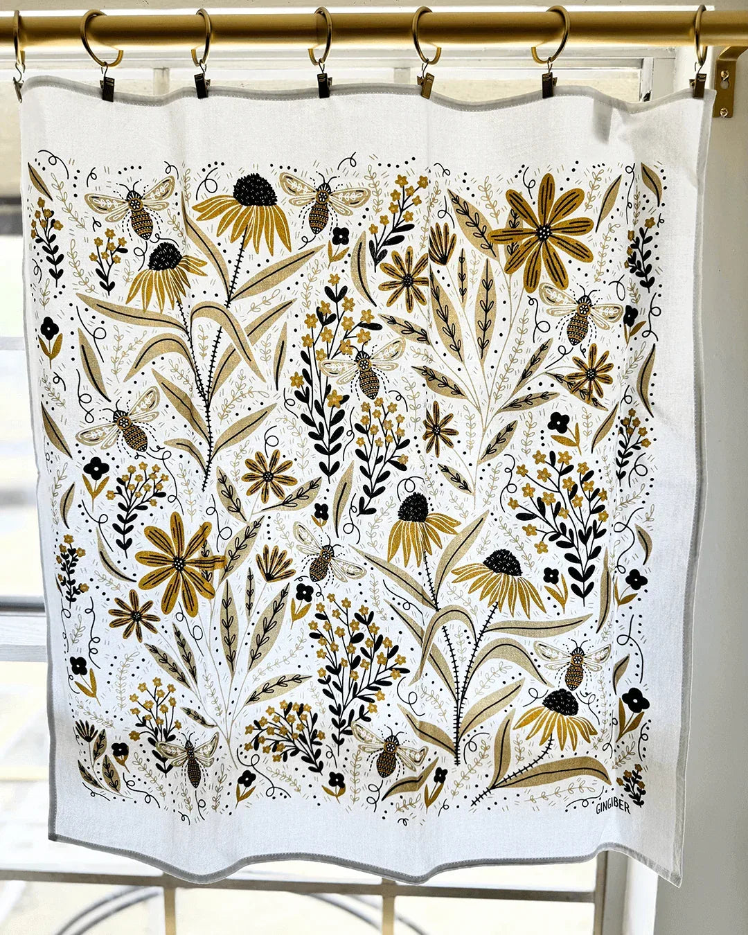 set of two tea towels with bee and floral illustrations