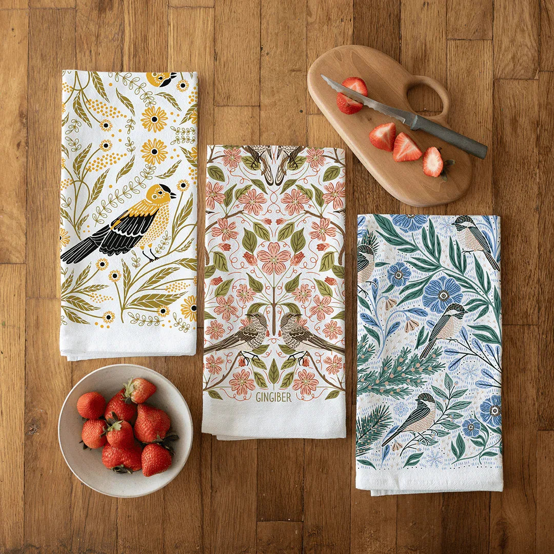 tea towel bundle with illustrated bird designs 