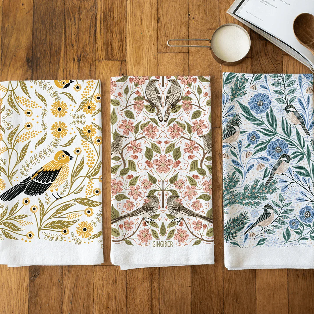 tea towel bundle with illustrated bird designs 