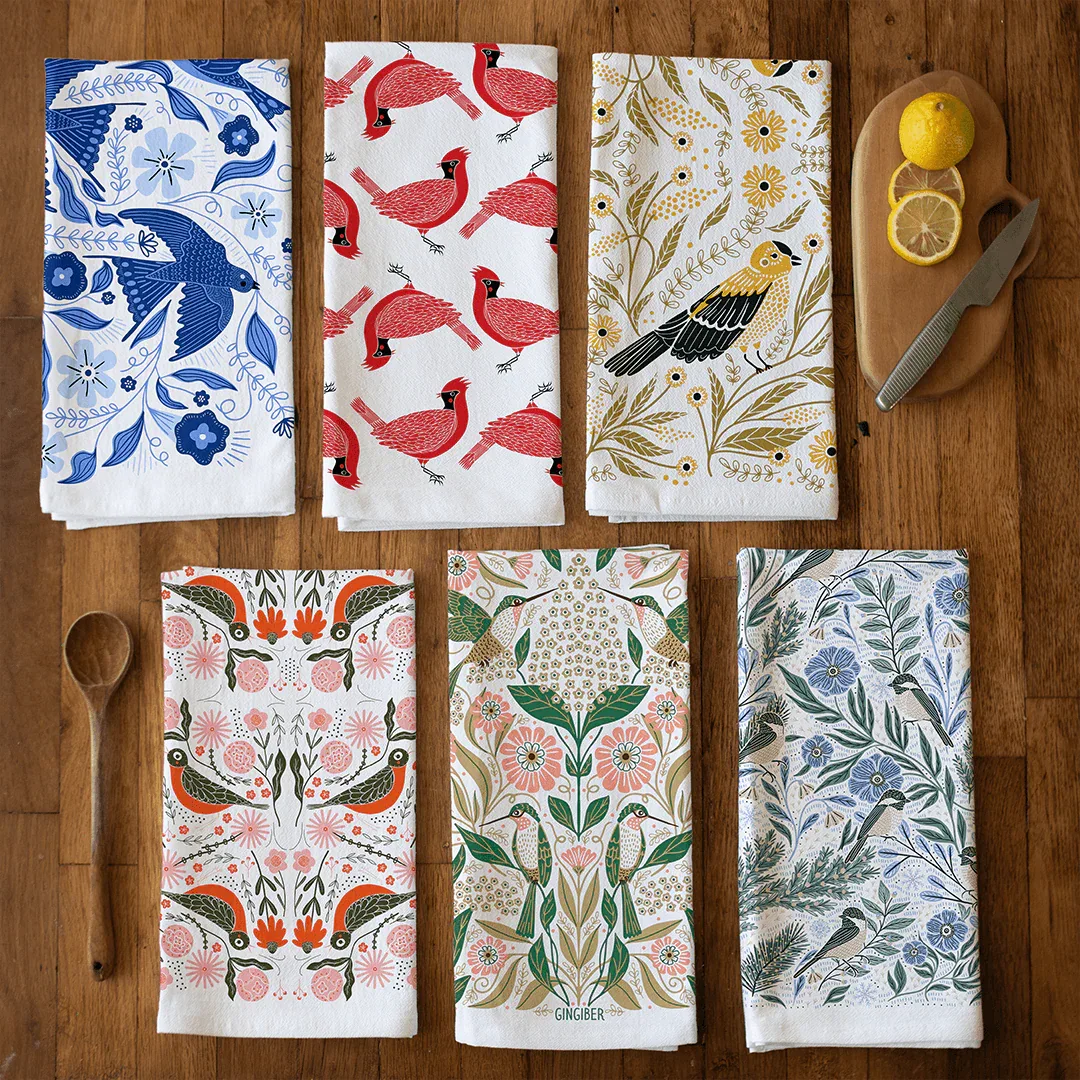 tea towel with illustrated birds and flowers