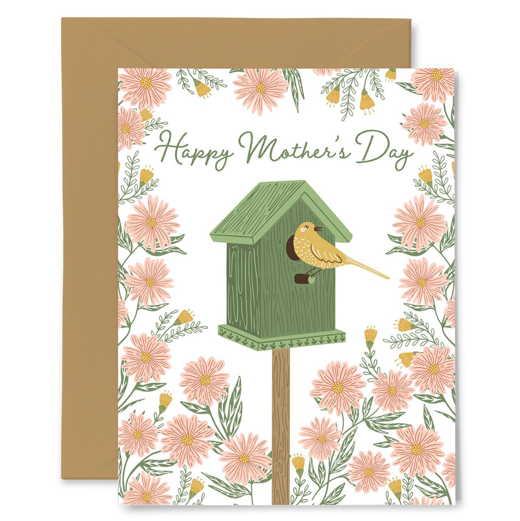 Mother's Day card with a birdhouse and bird illustration on a floral background