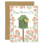 Mother's Day card with a birdhouse and bird illustration on a floral background
