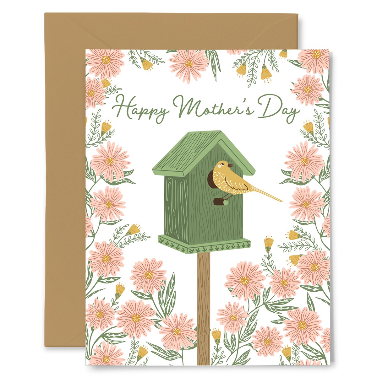 Mother's Day card with a birdhouse and bird illustration on a floral background