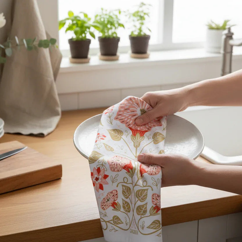 Multicolor illustrated floral tea towel
