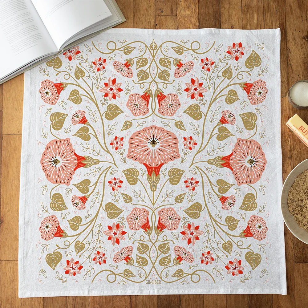 Multicolor illustrated floral tea towel