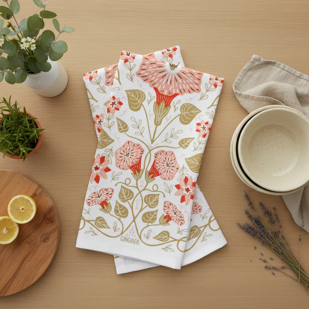 Multicolor illustrated floral tea towel