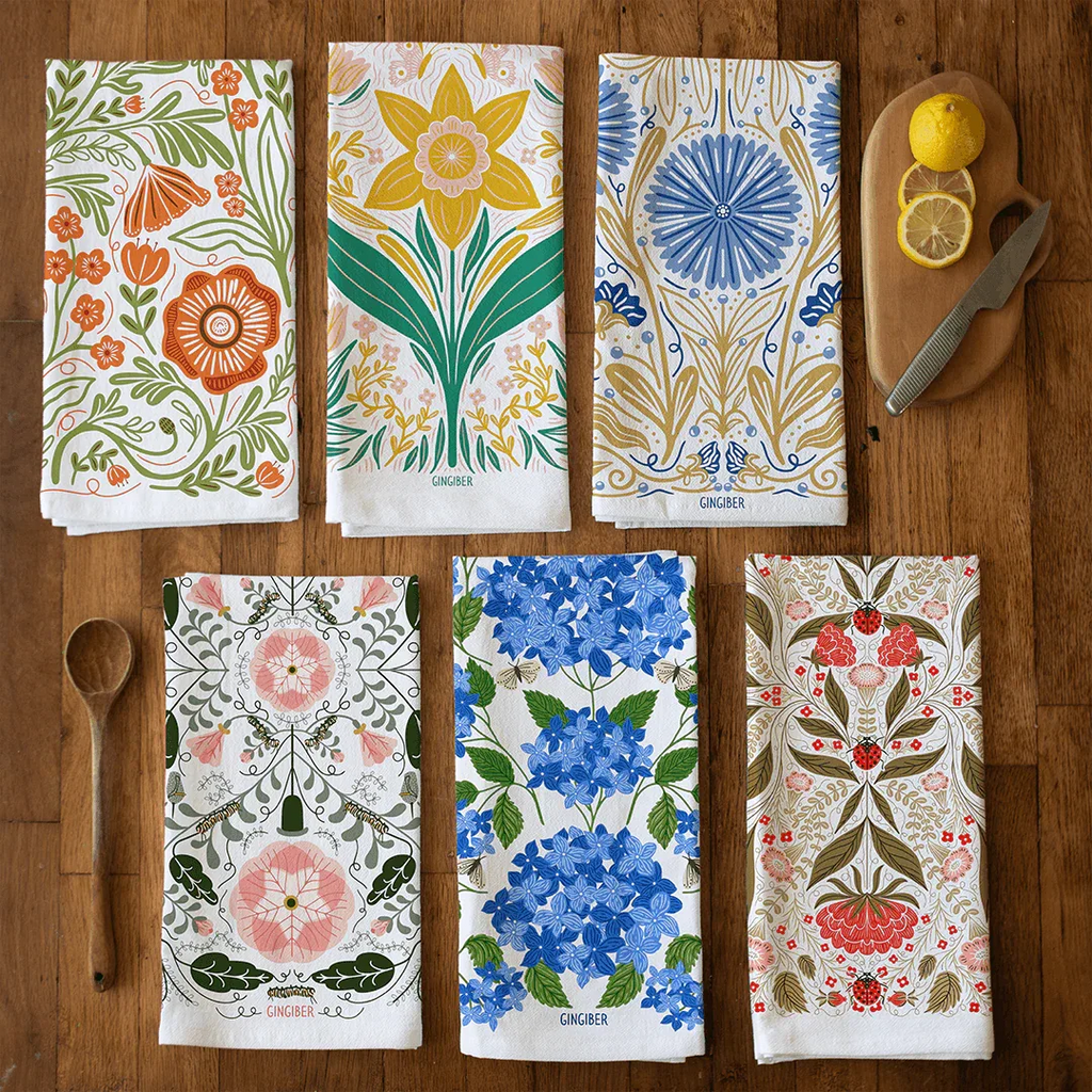 Multicolor illustrated floral tea towel