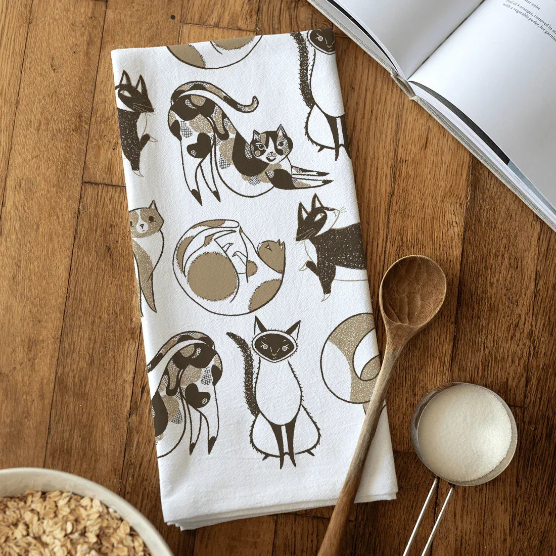 tea towel with illustrated cats