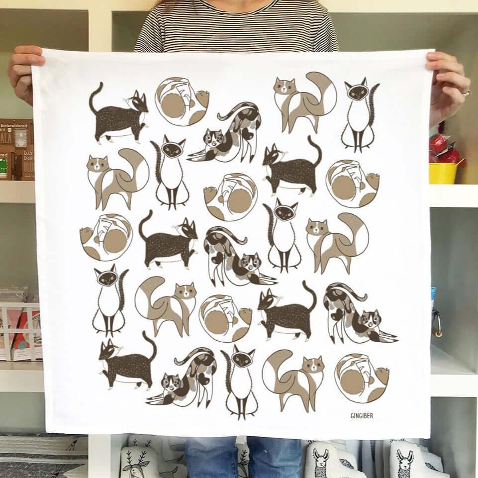 tea towel with illustrated cats