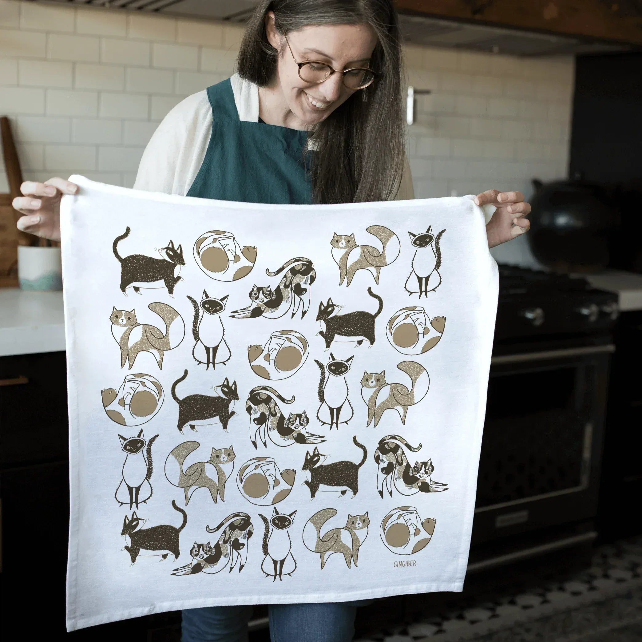 tea towel with illustrated cats
