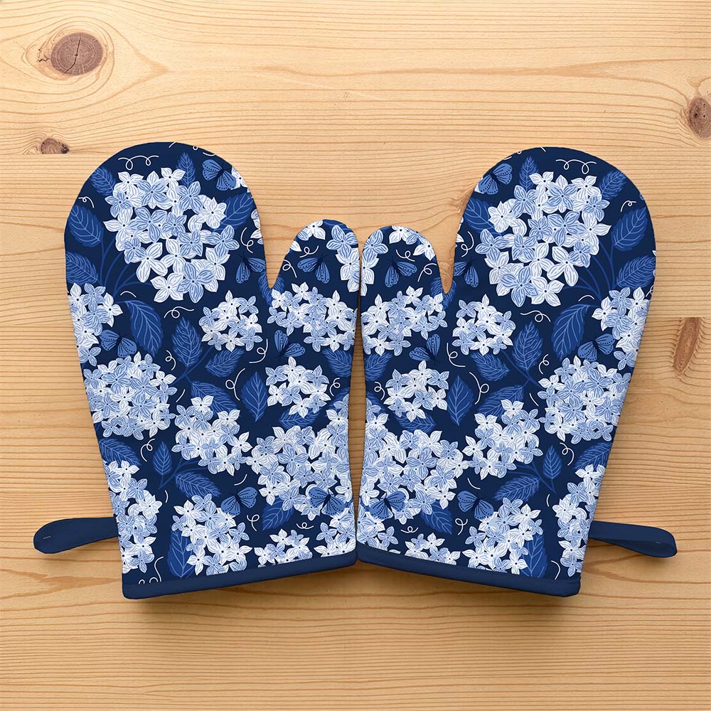 Dark Blue Hydrangea Apron & Oven Mitt Set