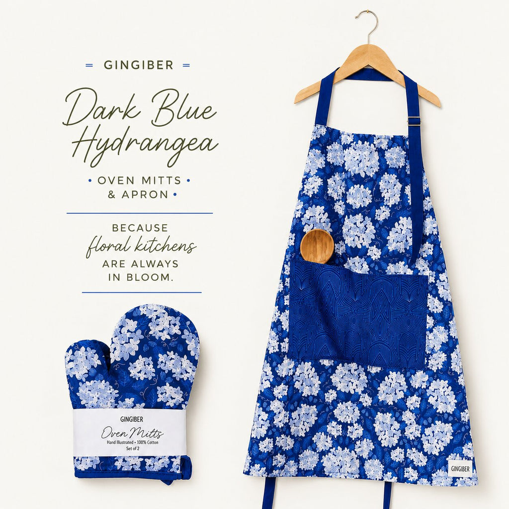 Dark Blue Hydrangea Apron & Oven Mitt Set