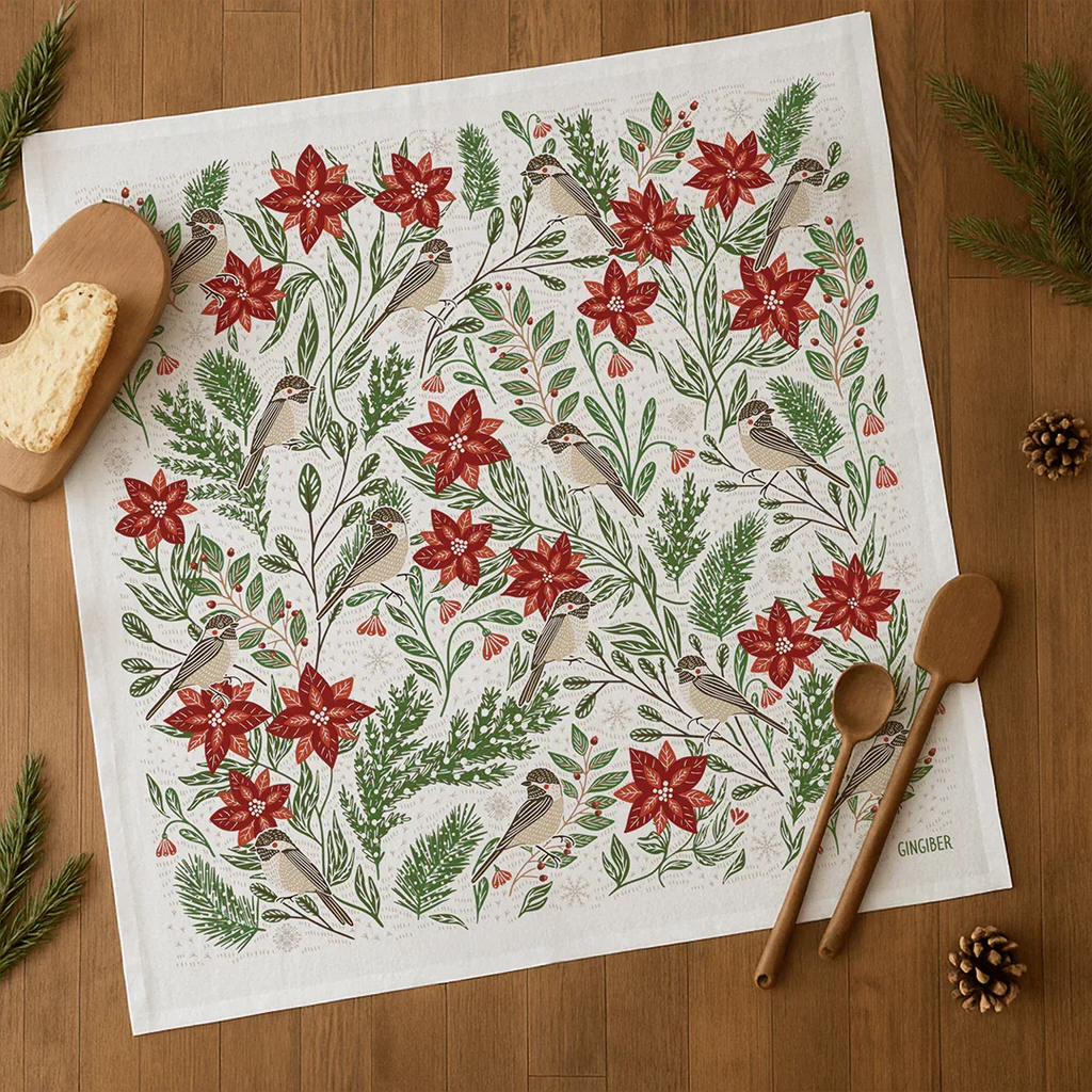 Limited Time Poinsettias & Pines Tea Towel (REDIRECT) - Gingiber