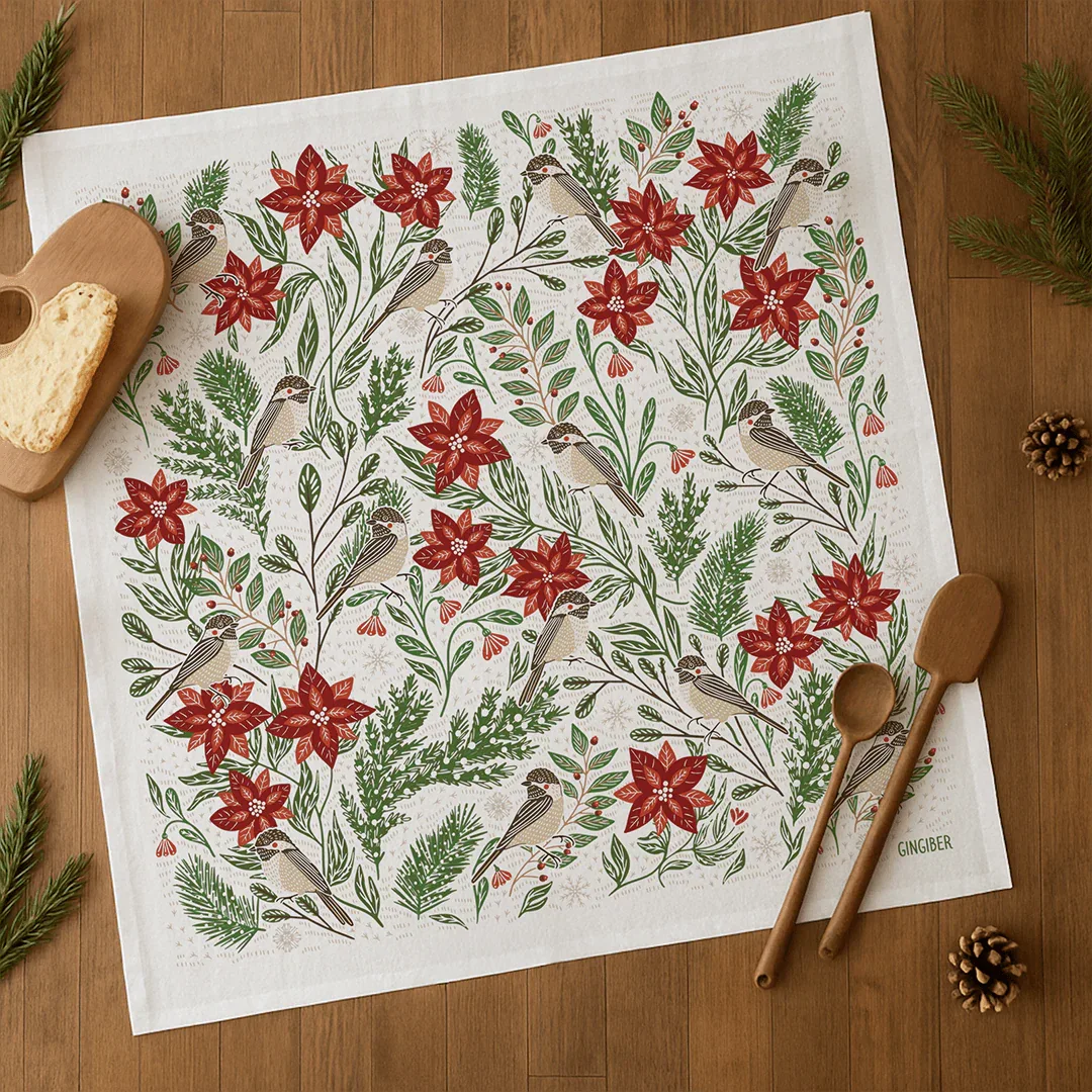 Limited Time Poinsettias & Pines Tea Towel (REDIRECT) - Gingiber