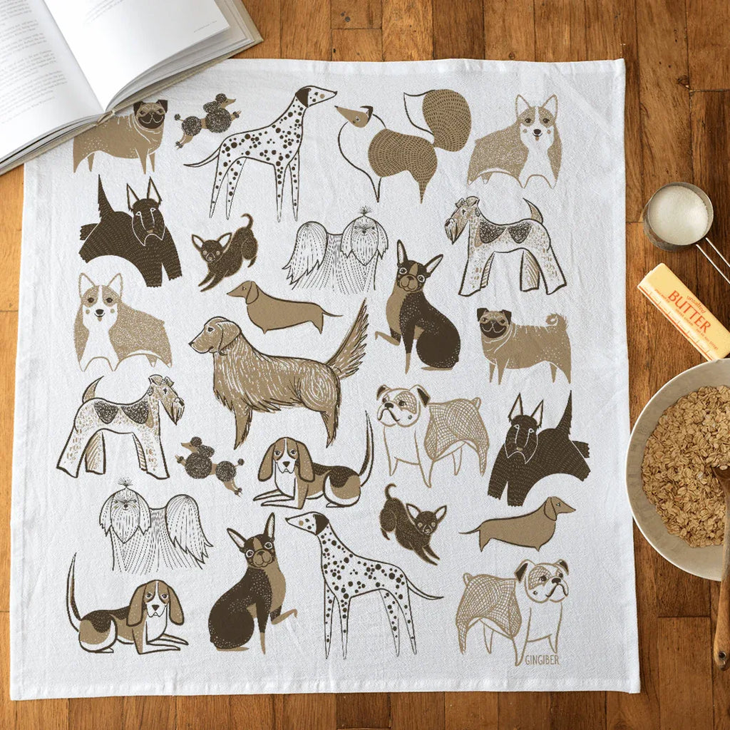 tea towel with illustrated dogs