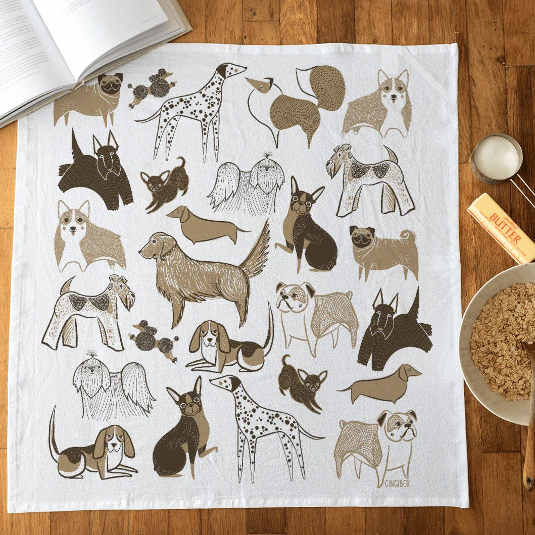 tea towel with illustrated cats and dogs
