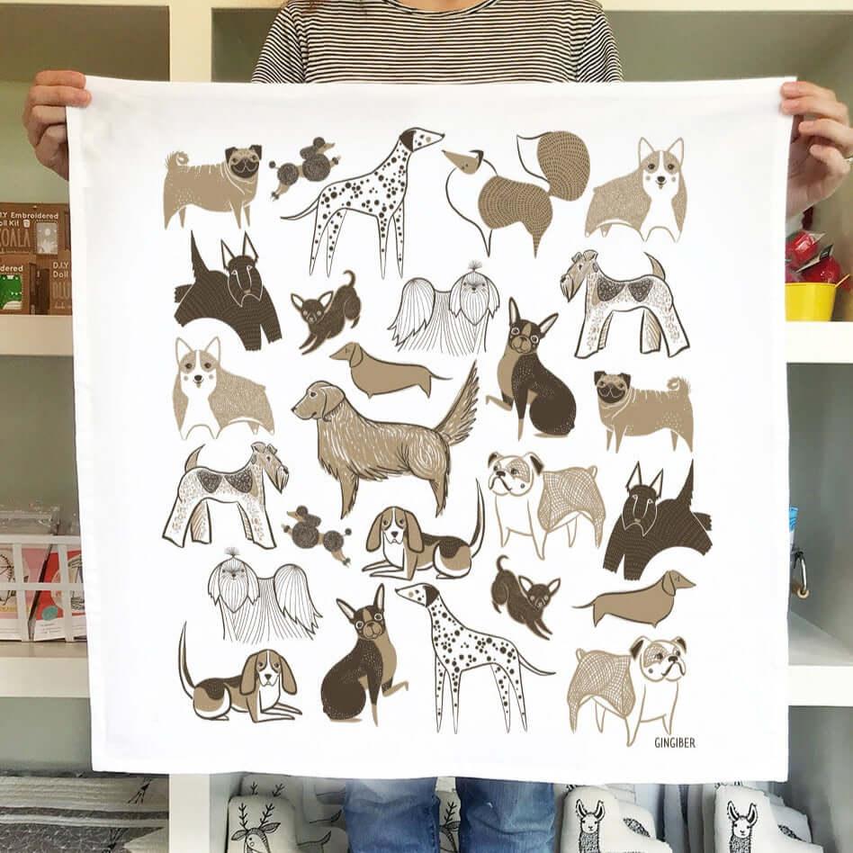 tea towel with illustrated dogs