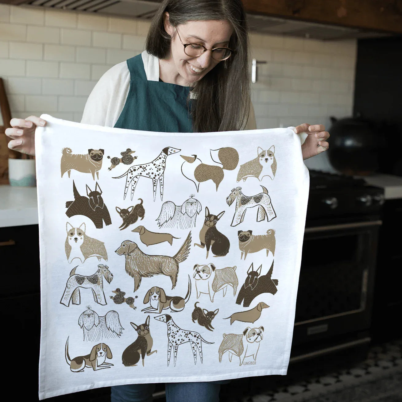 tea towel with illustrated dogs