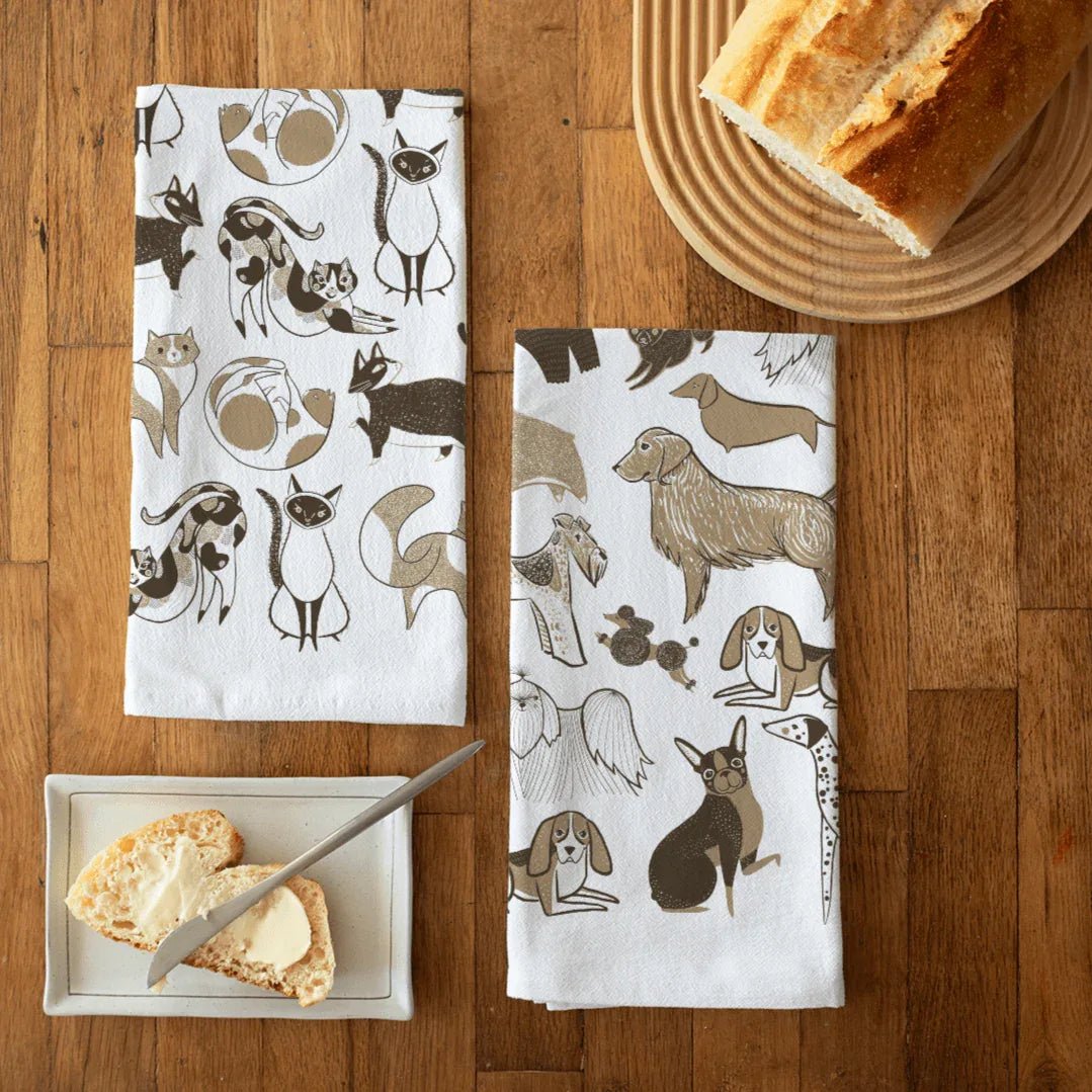 tea towel with illustrated cats and dogs