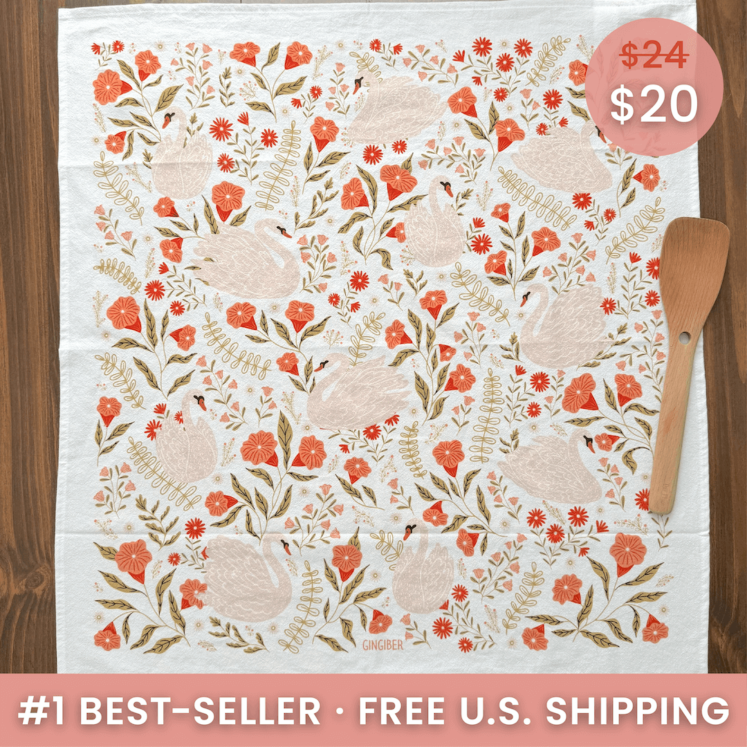 Floral patterned towel with ducks on a wooden surface, featuring a price tag and promotional text.