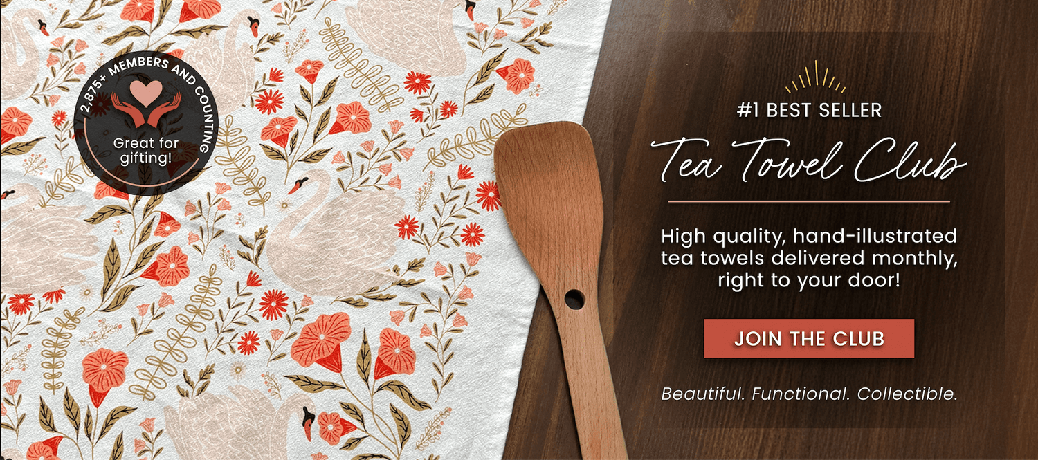 Tea towel with floral pattern and wooden spoon on a dark background with promotional text for Tea Towel Club.