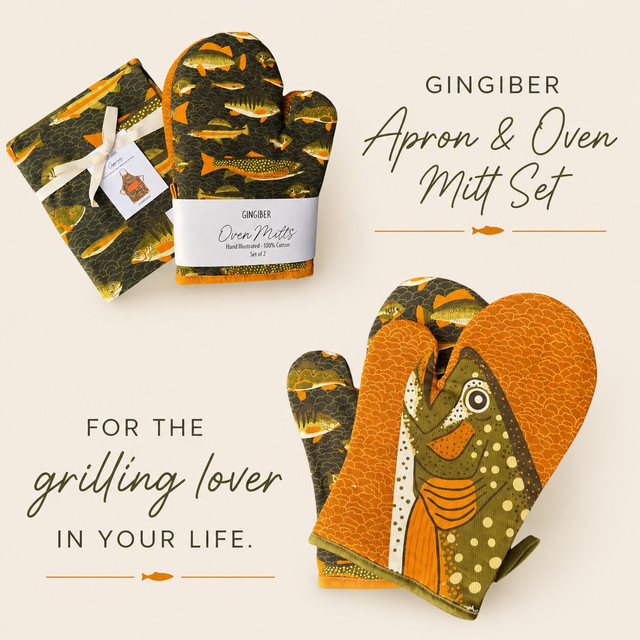 Gingiber apron and oven mitt set with fish pattern on a light background
