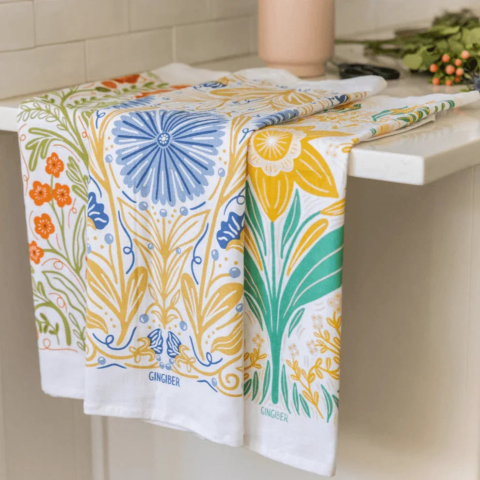 Multicolor illustrated floral tea towel