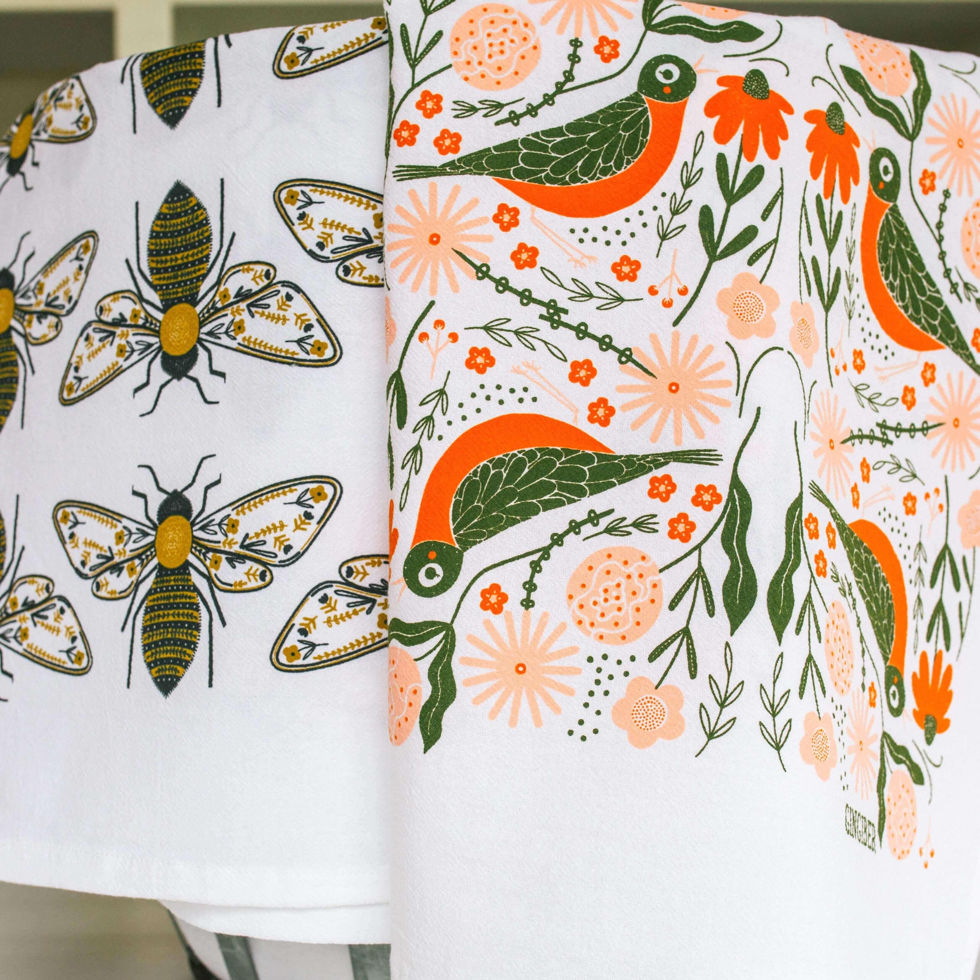 tea towels with illustrated birds & bees