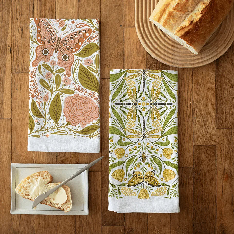 tea towel bundle with illustrations of butterflies and other floral elements