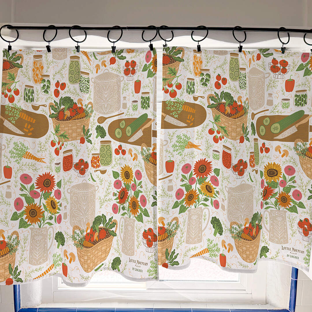 Kitchen-themed curtain with fruits, vegetables, and flowers on a white background