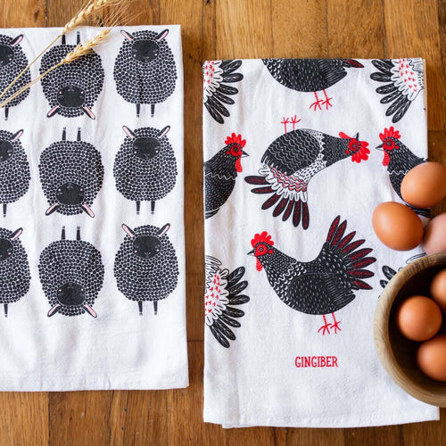 tea towels with illustrated chickens and sheep