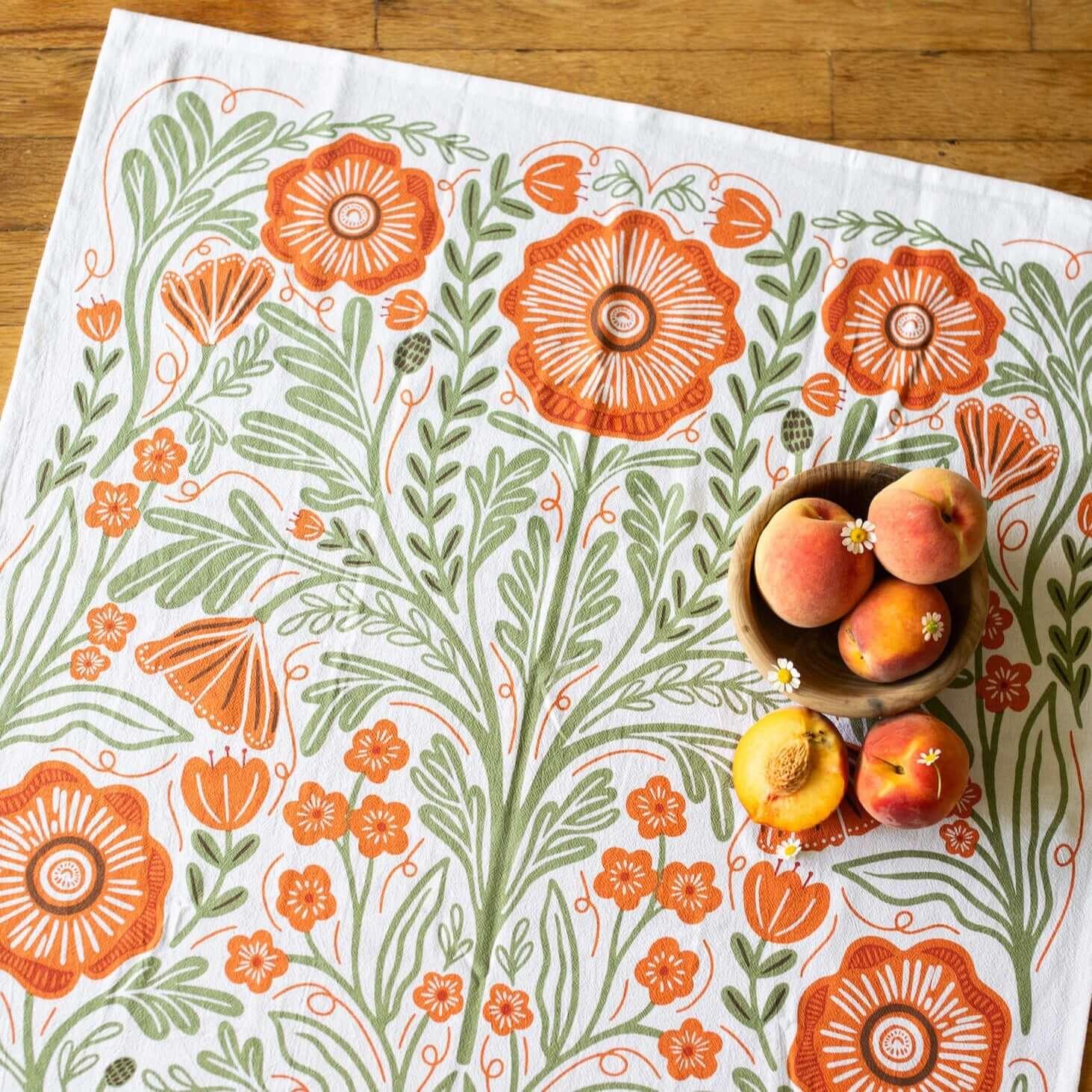 Multicolor illustrated floral tea towel