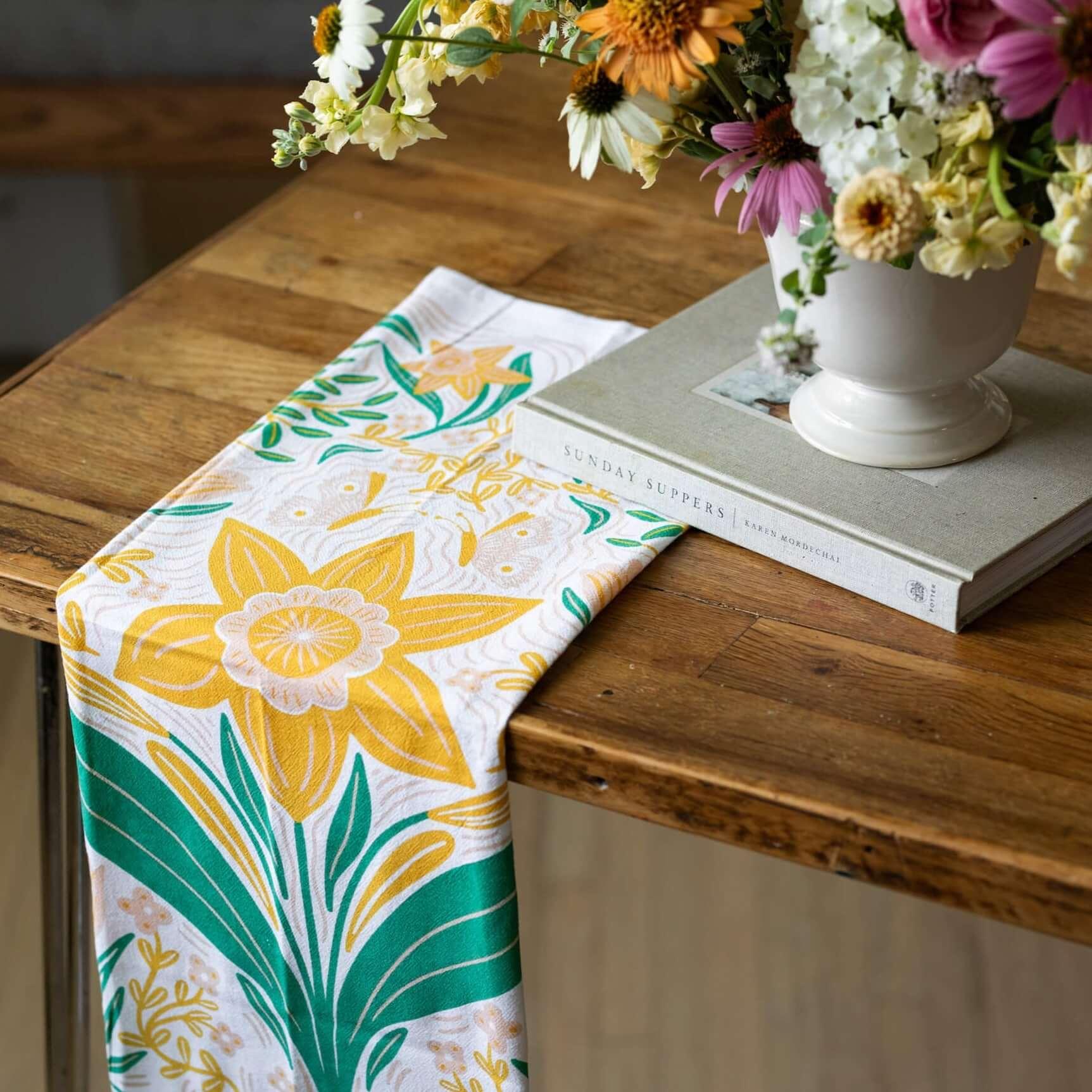 Multicolor illustrated floral tea towel
