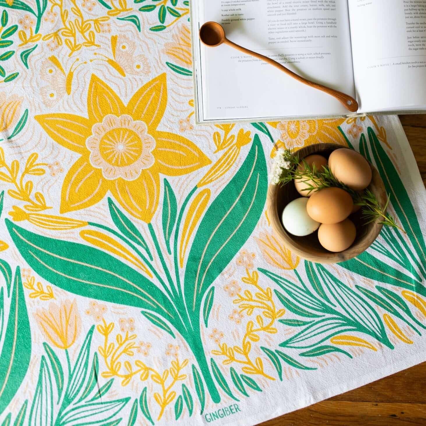 Multicolor illustrated floral tea towel