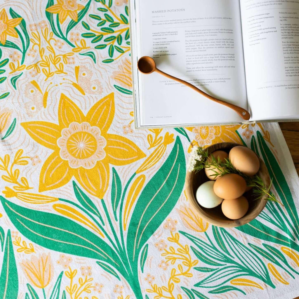 Multicolor illustrated floral tea towel