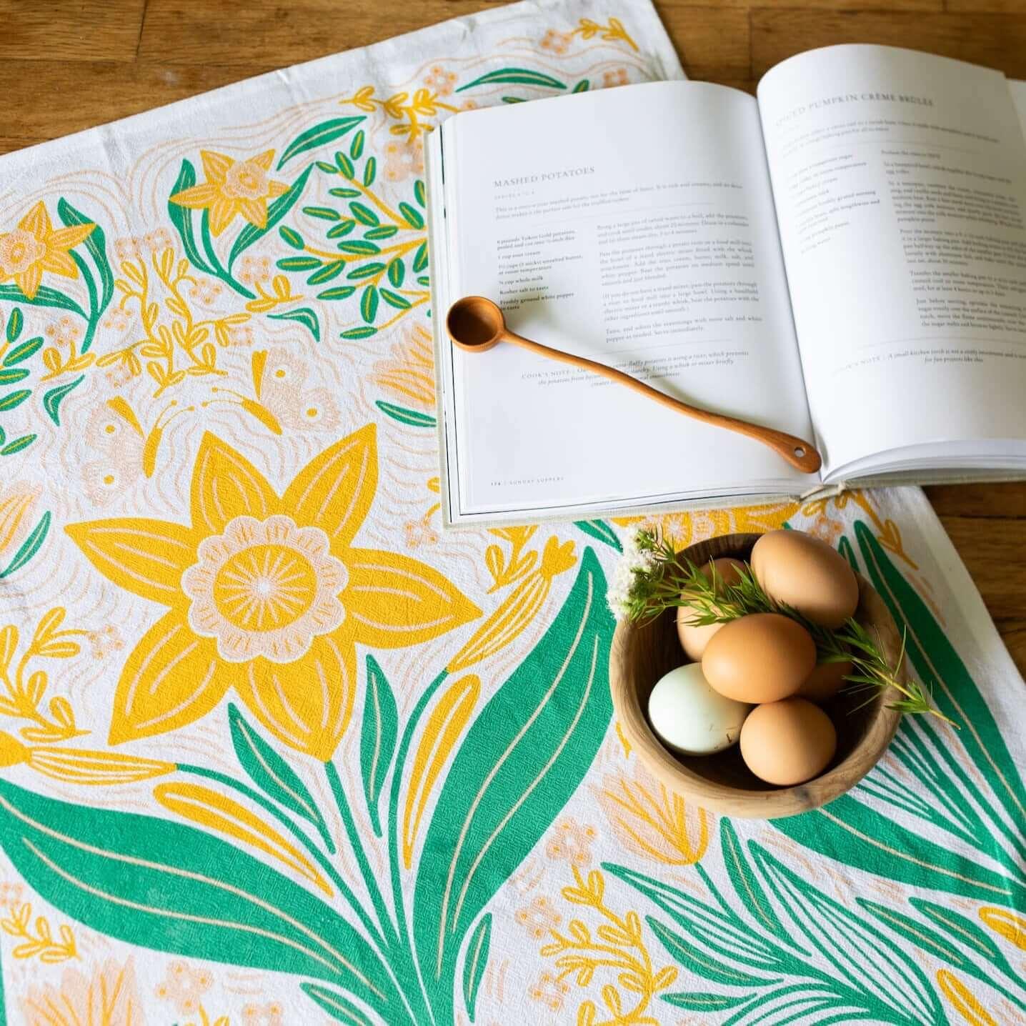 Multicolor illustrated floral tea towel