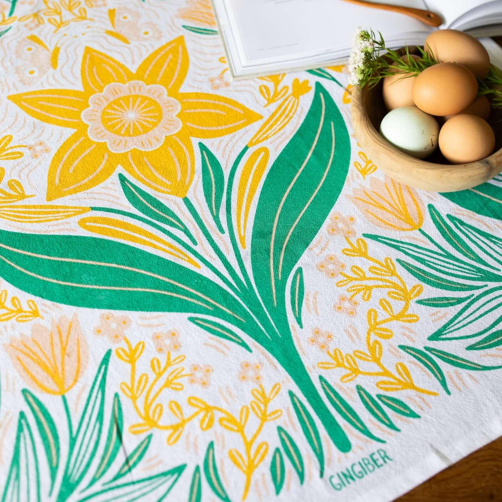Multicolor illustrated floral tea towel