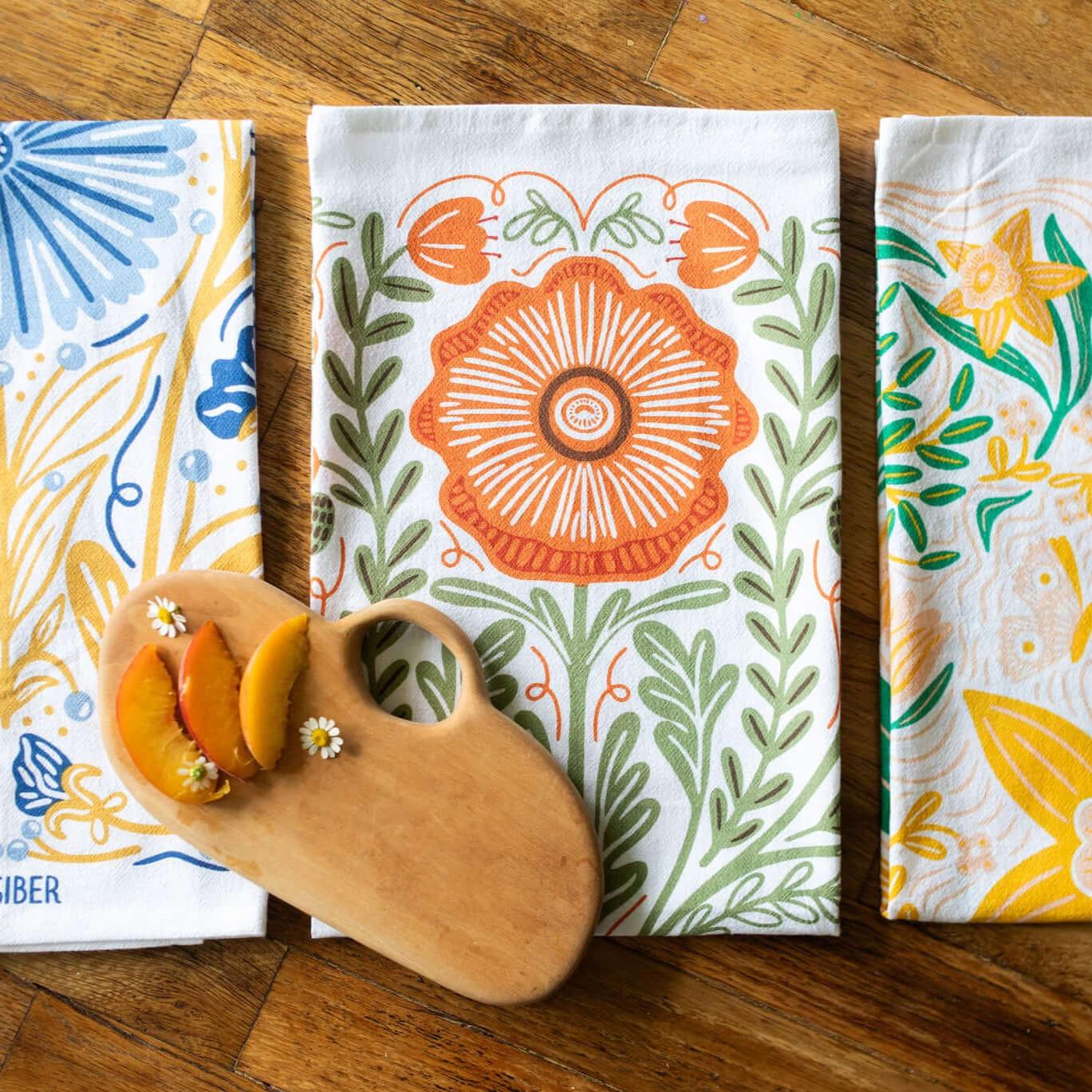 Multicolor illustrated floral tea towel