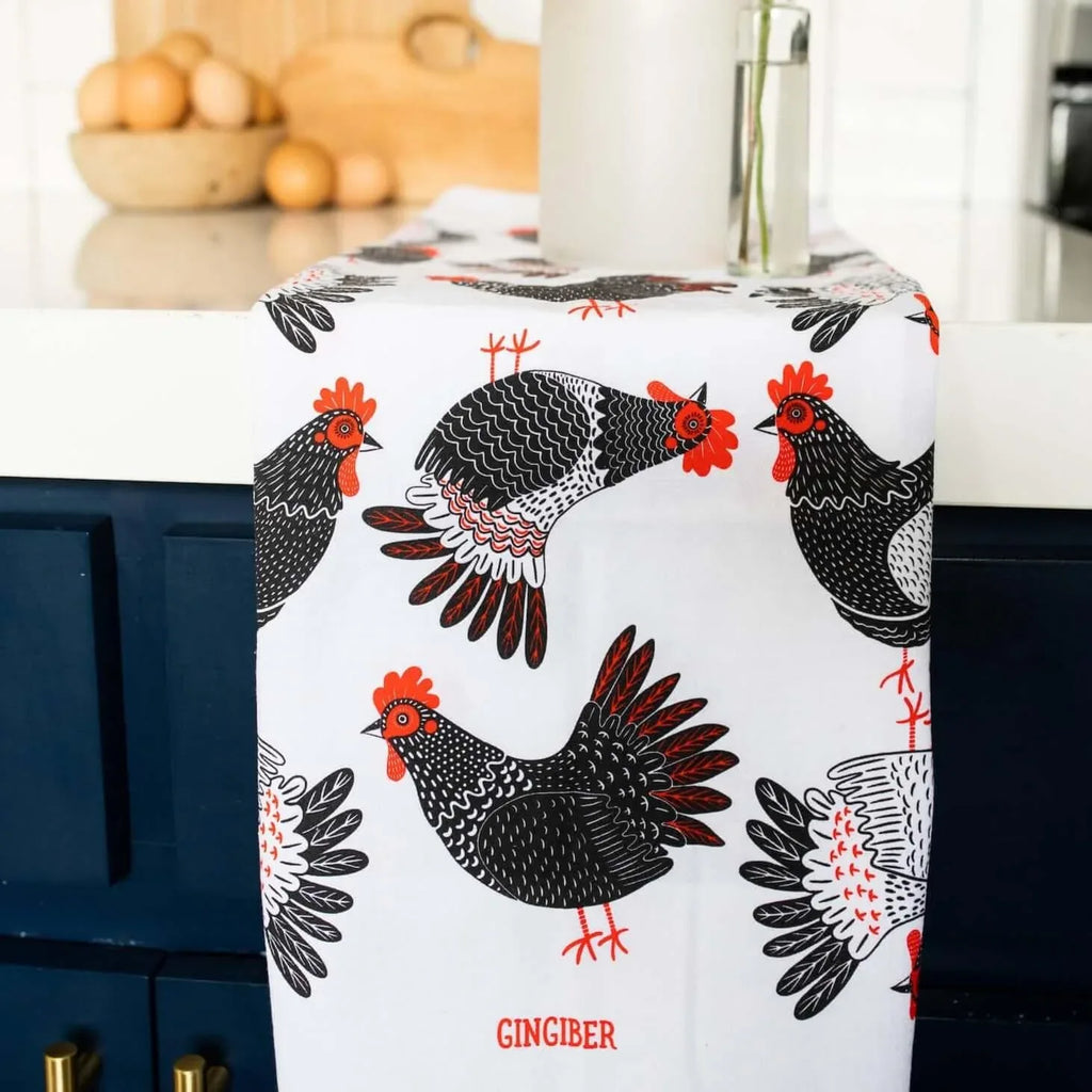 tea towel with illustrated chickens