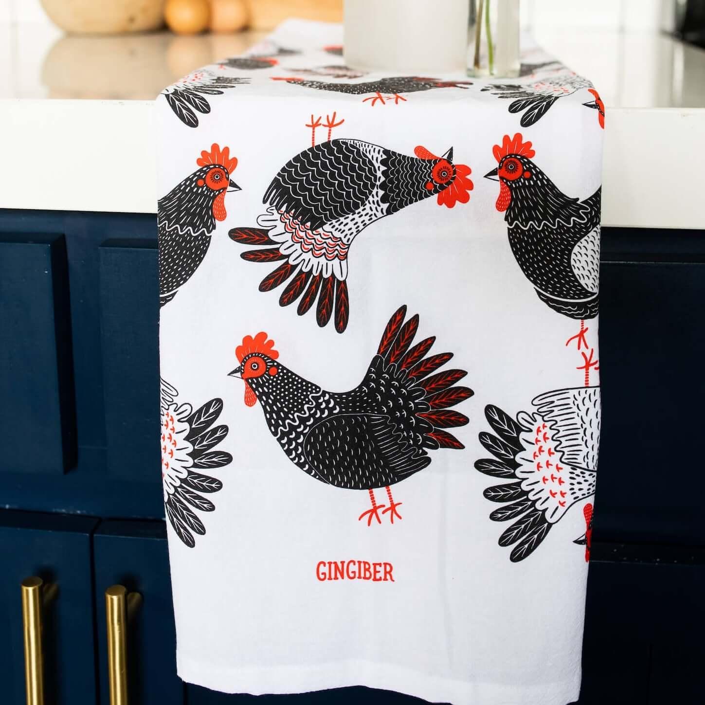 tea towel with illustrated chickens