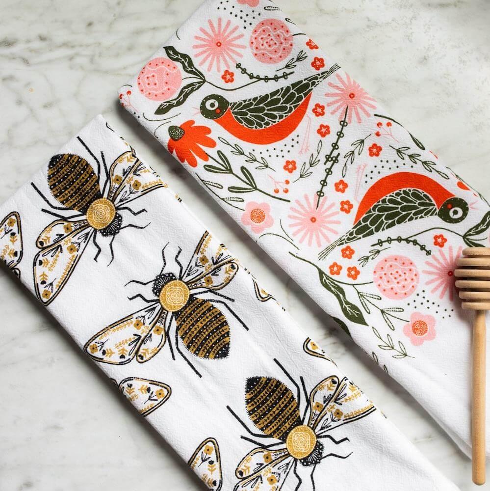 tea towels with illustrated birds & bees