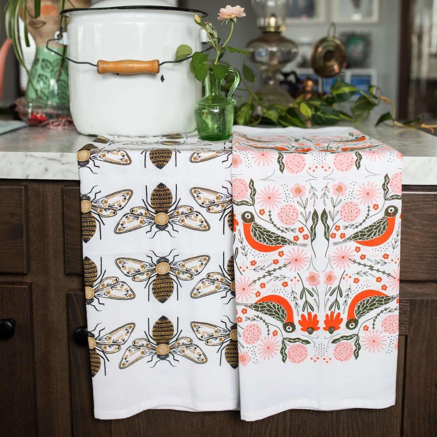 tea towels with illustrated birds & bees