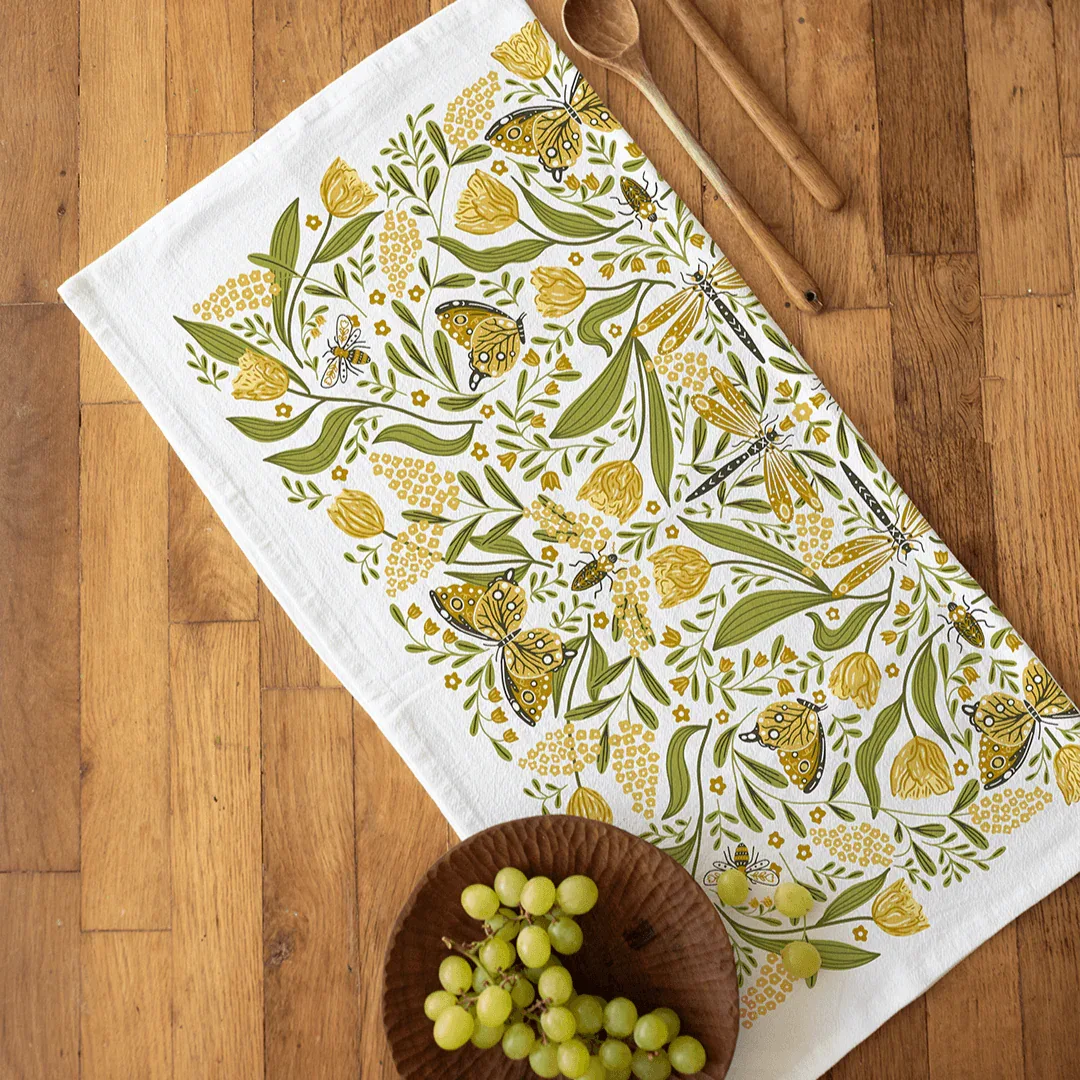 tea towel with butterfly and floral illustrations