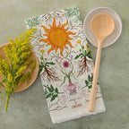 Tea towel with sun and plant design, wooden spoon, and bowl of yellow flowers on a green surface