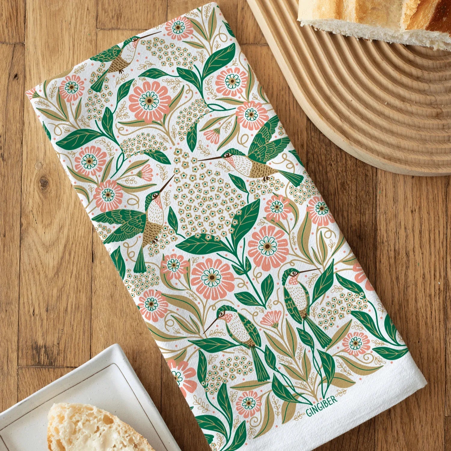 tea towels with bird and floral elements