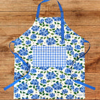 Hydrangea Apron—bake in style with gingiber apron featuring blue hydrangea print, adjustable neck strap, large pocket, 100% cotton canvas