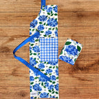 Hydrangea Apron—bake in style with gingiber apron featuring blue hydrangea print and matching tea towel,  adjustable neck strap, large pocket, 100% cotton canvas