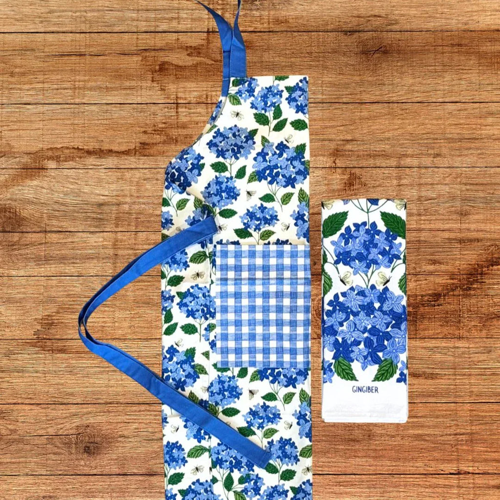 Hydrangea Apron—bake in style with gingiber apron featuring blue hydrangea print and matching tea towel,  adjustable neck strap, large pocket, 100% cotton canvas