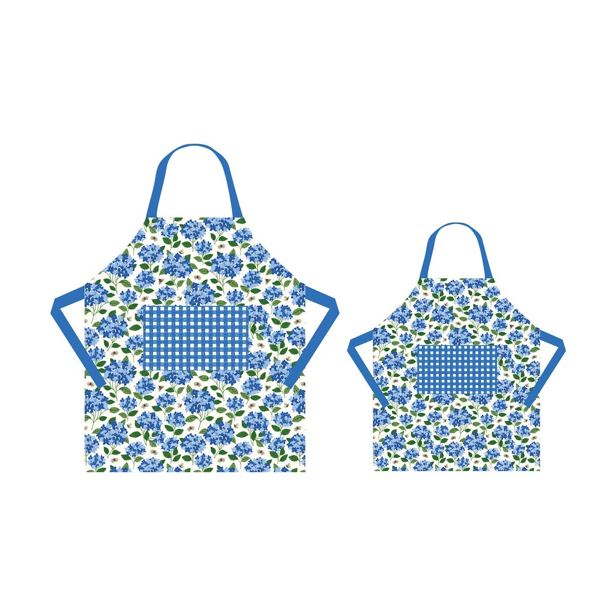 Two aprons with blue floral patterns on a white background